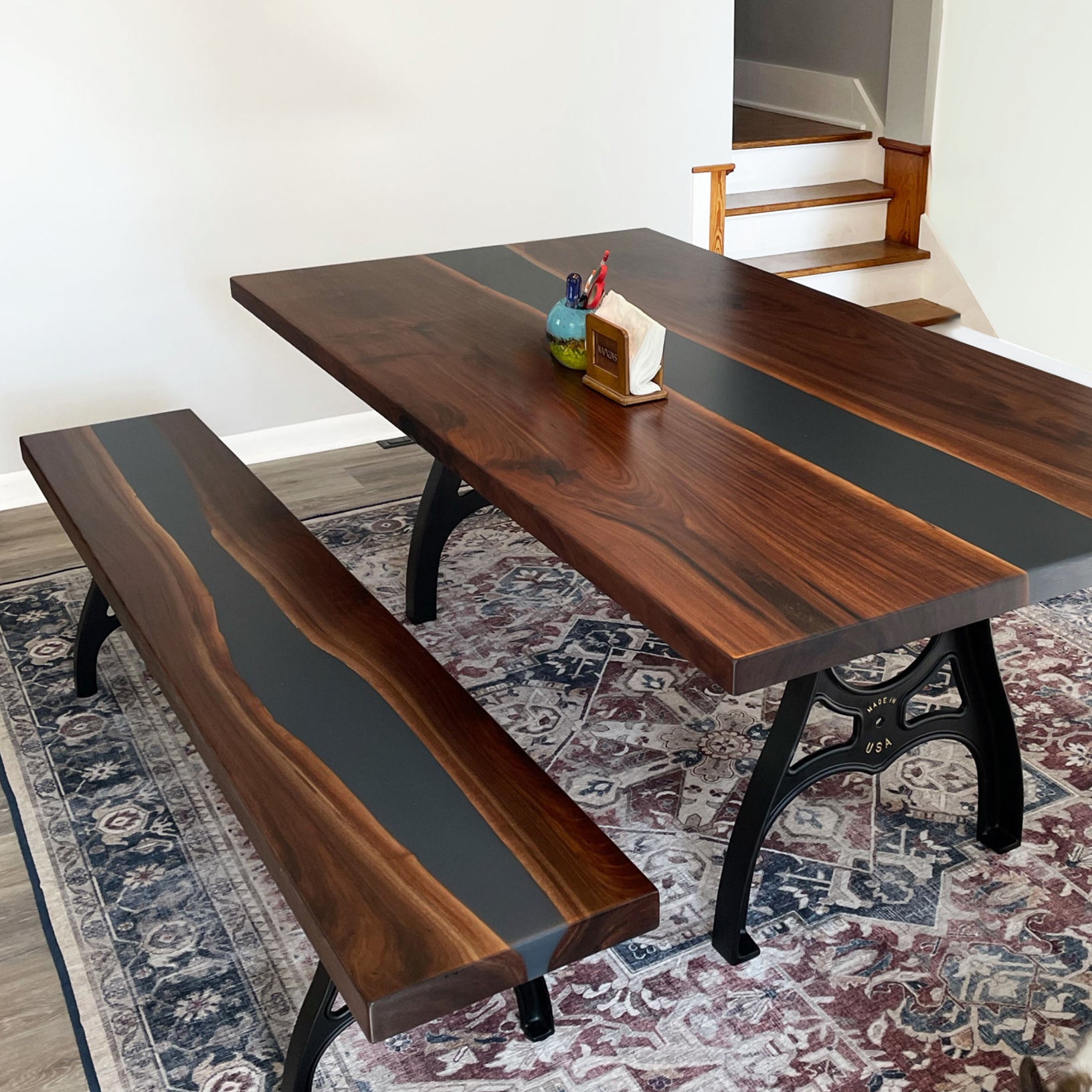 Custom Black Walnut Slab Epoxy River Table with Bench CT58