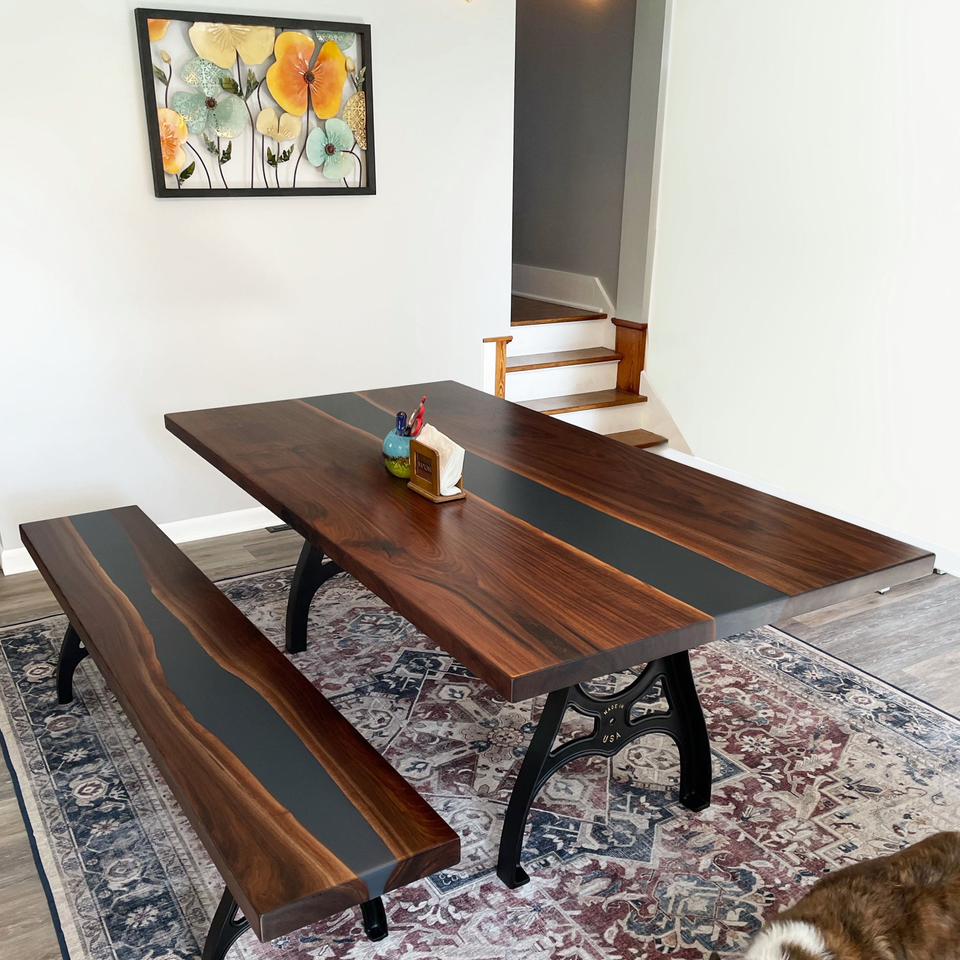 Custom Black Walnut Slab Epoxy River Table with Bench CT58