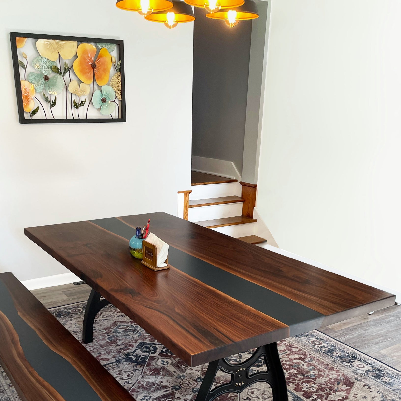 Custom Black Walnut Slab Epoxy River Table with Bench CT58