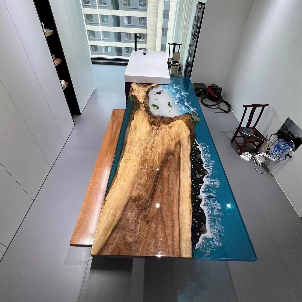Custom Walnut Epoxy Resin Table Beach and Waves CT56