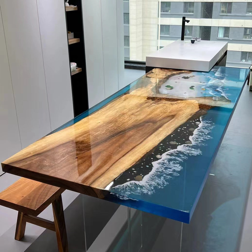 Custom Walnut Epoxy Resin Table Beach and Waves CT56