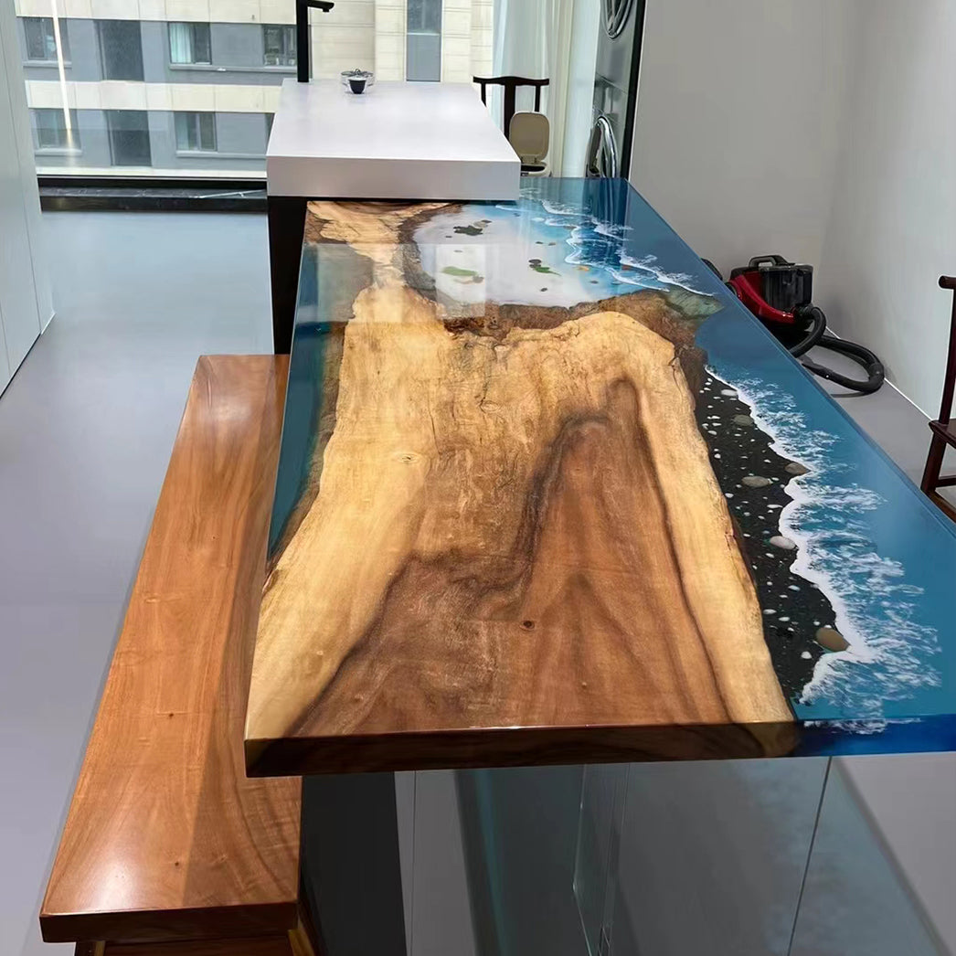 Custom Walnut Epoxy Resin Table Beach and Waves CT56