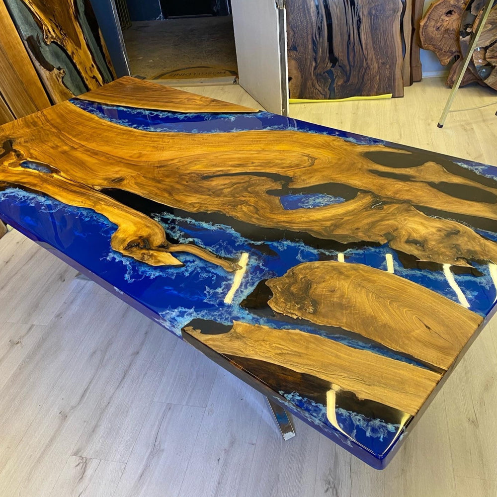 Custom Walnut Ocean Live edge Epoxy Dining Table CT7 KAZANAHOME in Malibu