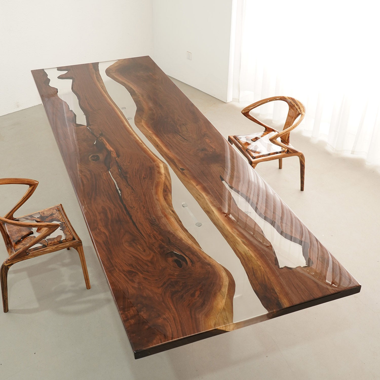 Custom Wood Black Walnut Clear River Epoxy Table