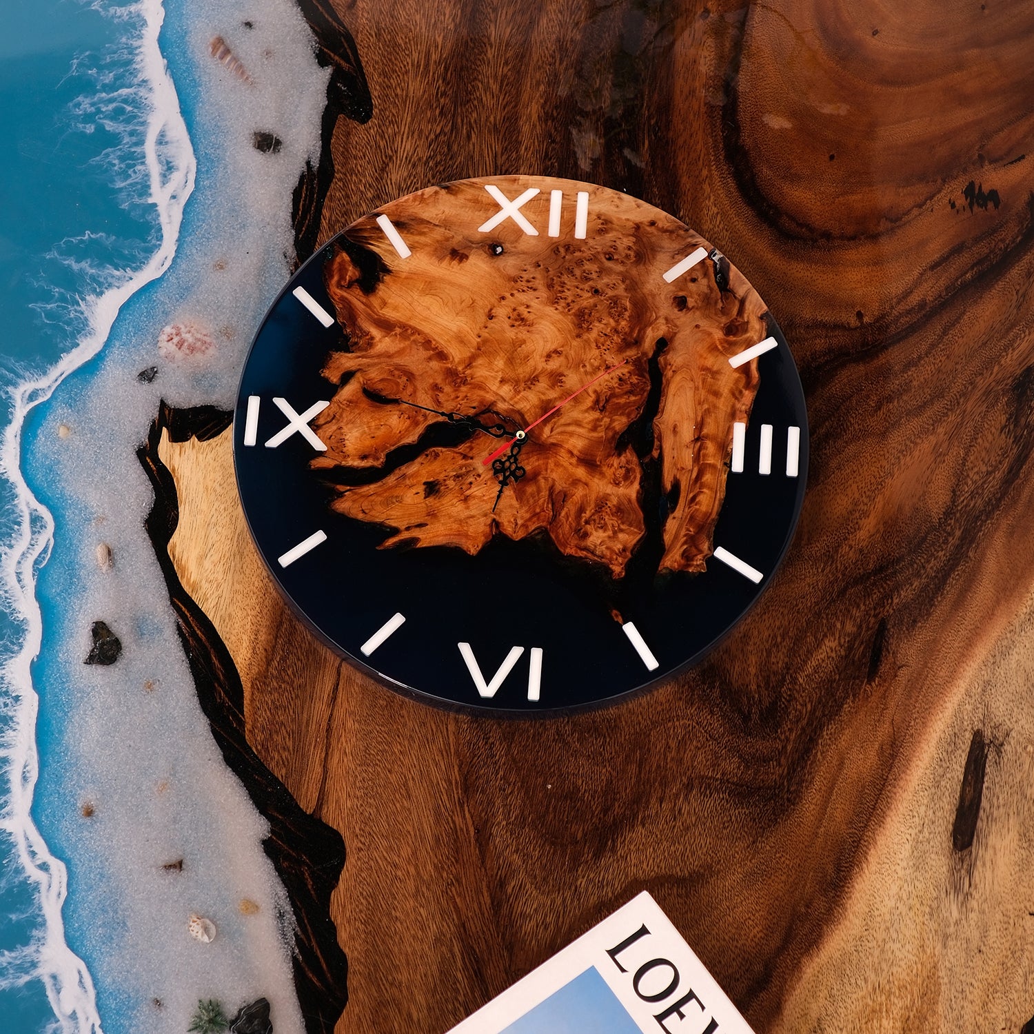 KAZANAHOME-Walnut-Dark-Blue-Clear-Transparent-Epoxy-Resin-Wall-Clock-5
