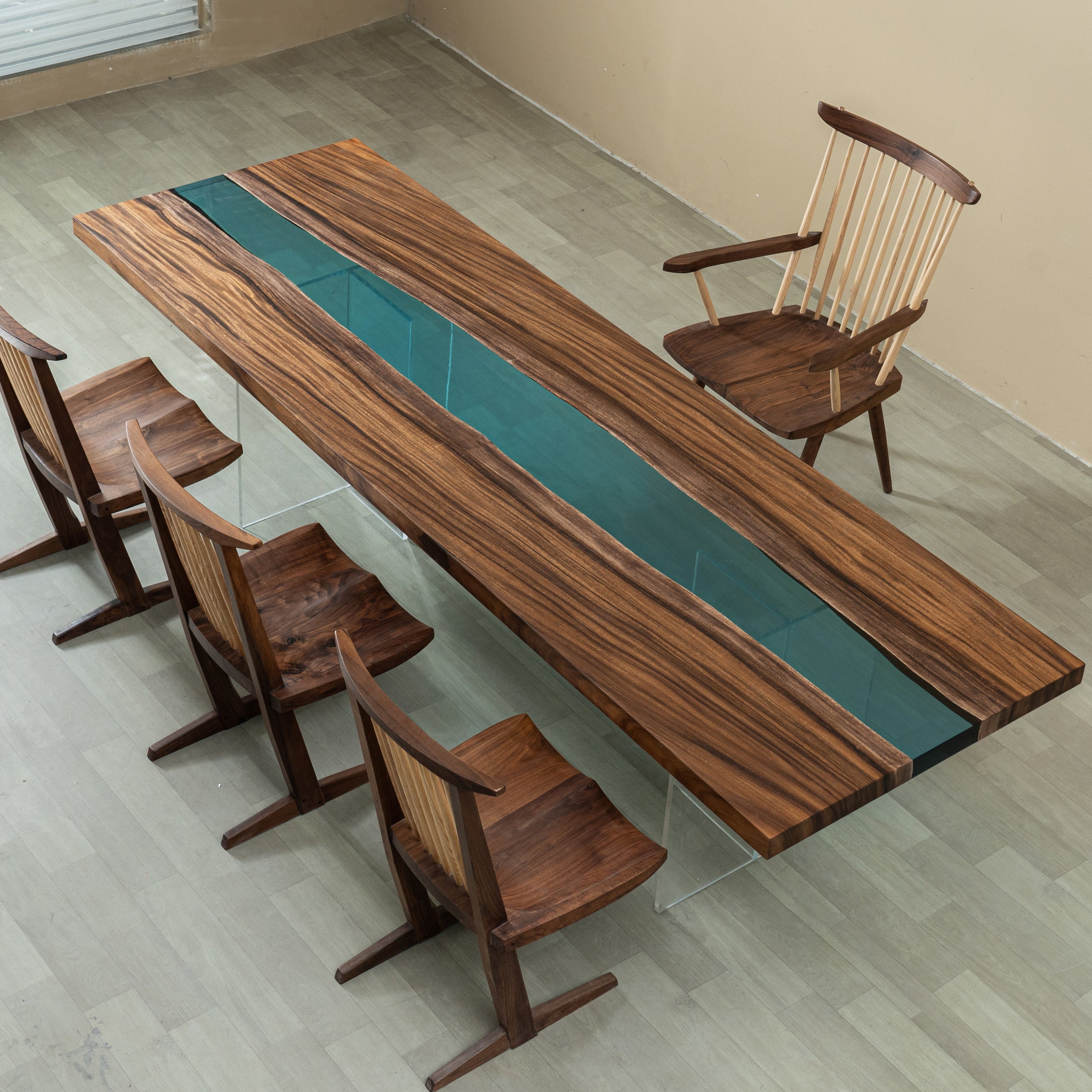 Walnut Wood Epoxy Blue River Dining Table 35.4"W 110.2"L
