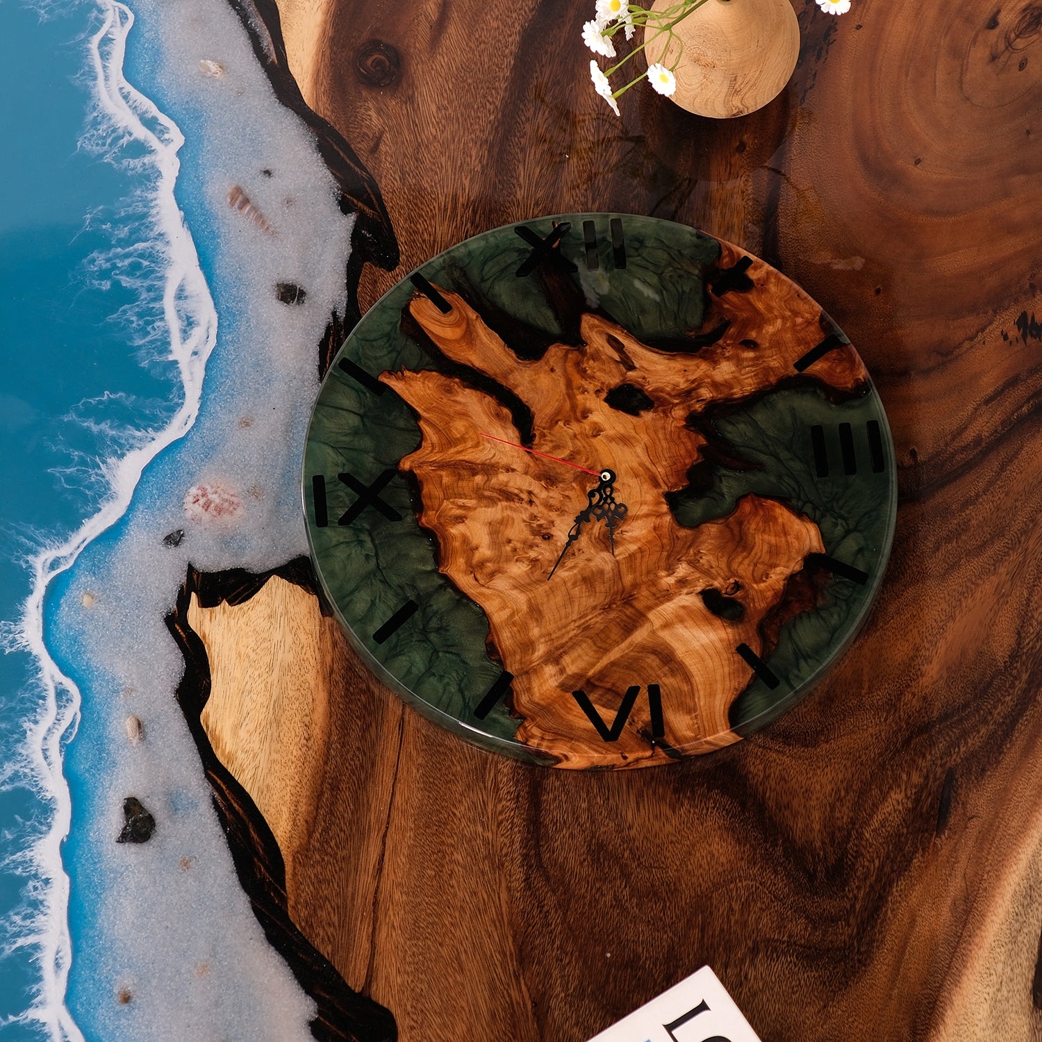 KAZANAHOME-Walnut-turquoise-Epoxy-Resin-Wall-Clock-5