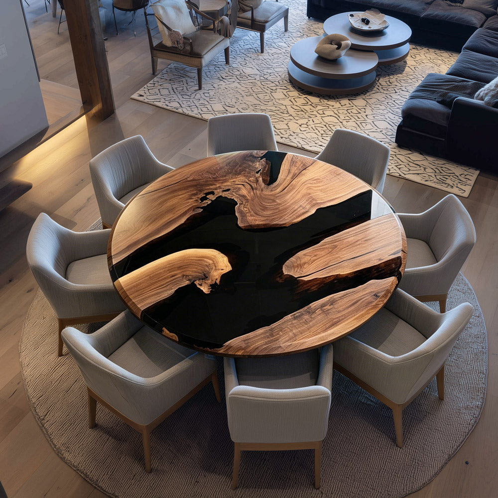 KAZANAHOME Black Walnut Black Epoxy Resin Round Epoxy Table 
