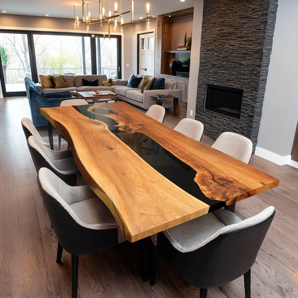 KAZANAHOME Black Walnut Black Live Edge Black River Resin Epoxy Table 