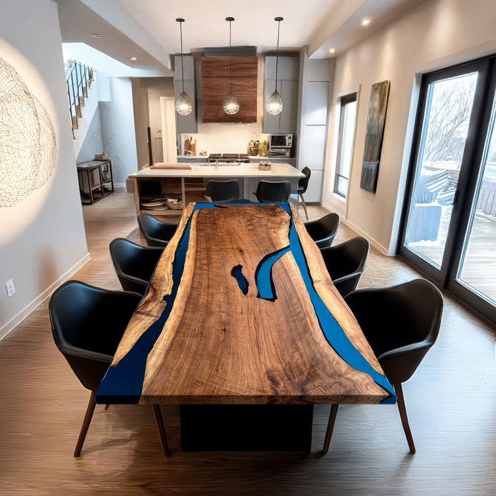 KAZANAHOME Black Walnut Live Edge Blue Translucent Resin Epoxy Table 
