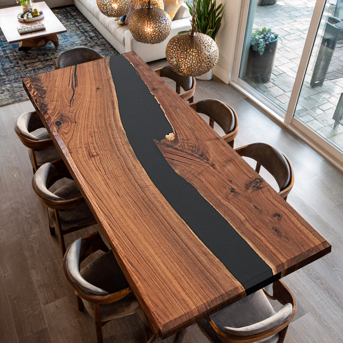 KAZANAHOME Black Walnut & Obsidian Epoxy River Table 