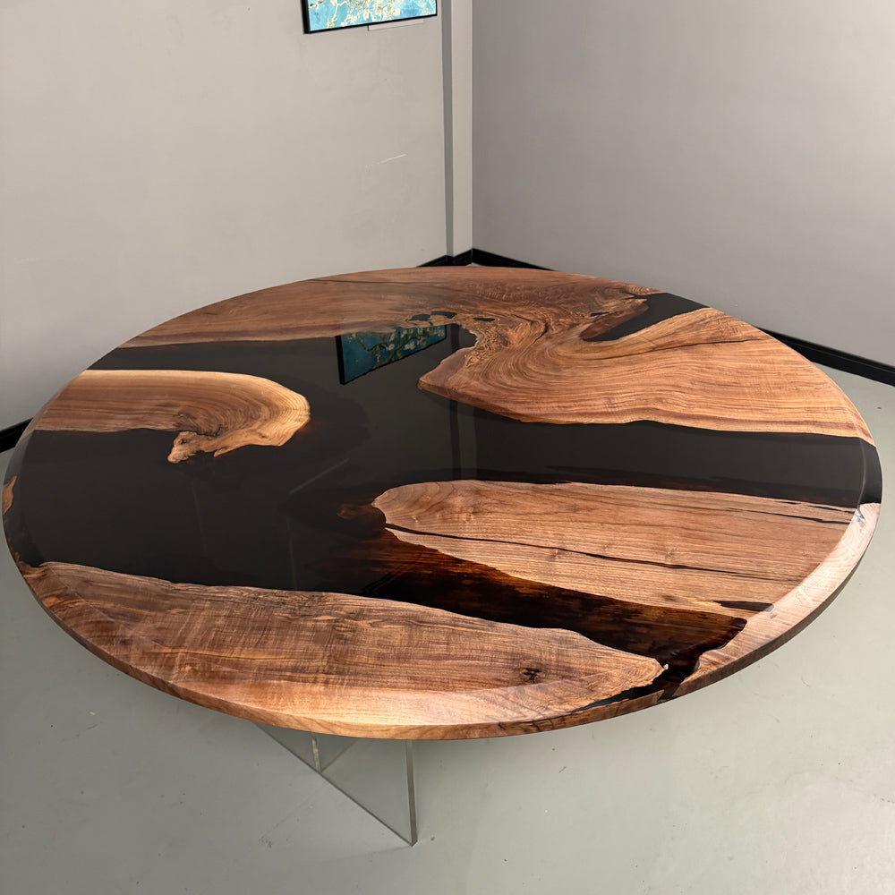 Black Walnut Wood Black Epoxy Resin Round Epoxy Table