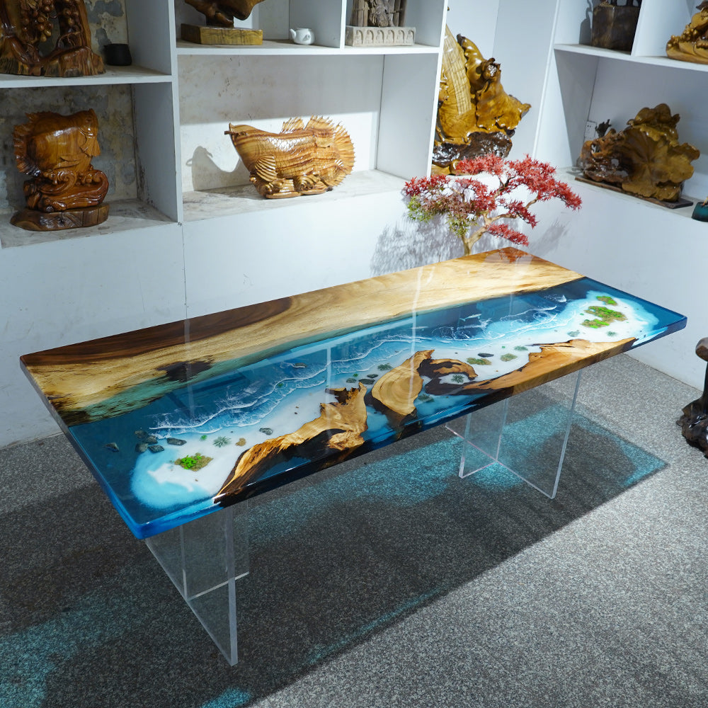 KAZANAHOME Custom Ocean Wave Walnut Wood Epoxy Table