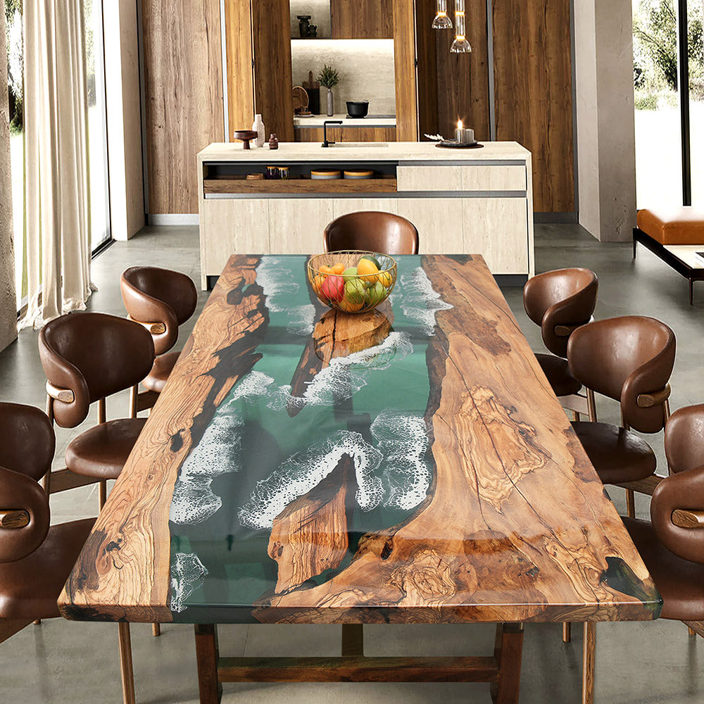 KAZANAHOME Custom Olive Wave Epoxy Dining Table