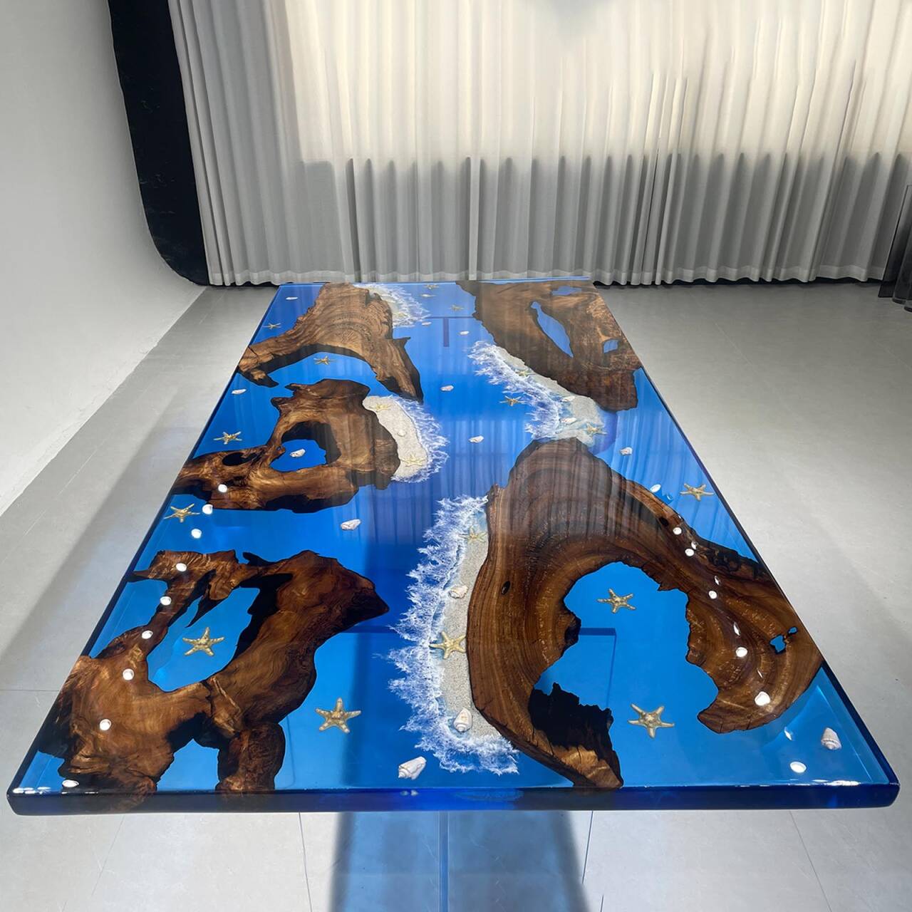Camphor Blue Clear Wave Coastal Epoxy Table 48"W×96"L