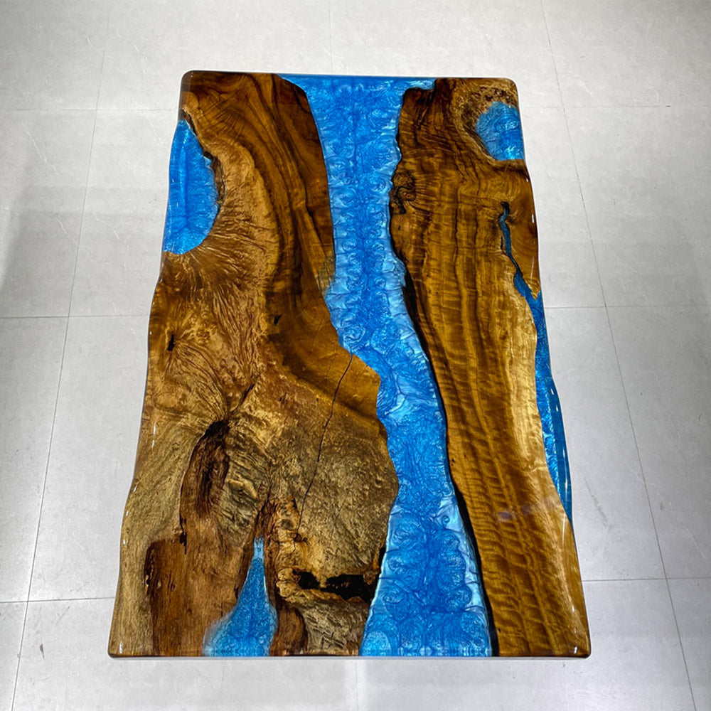 Golden Camphor Blue Live Edge River Resin Dining Epoxy Table 30"W×48"L