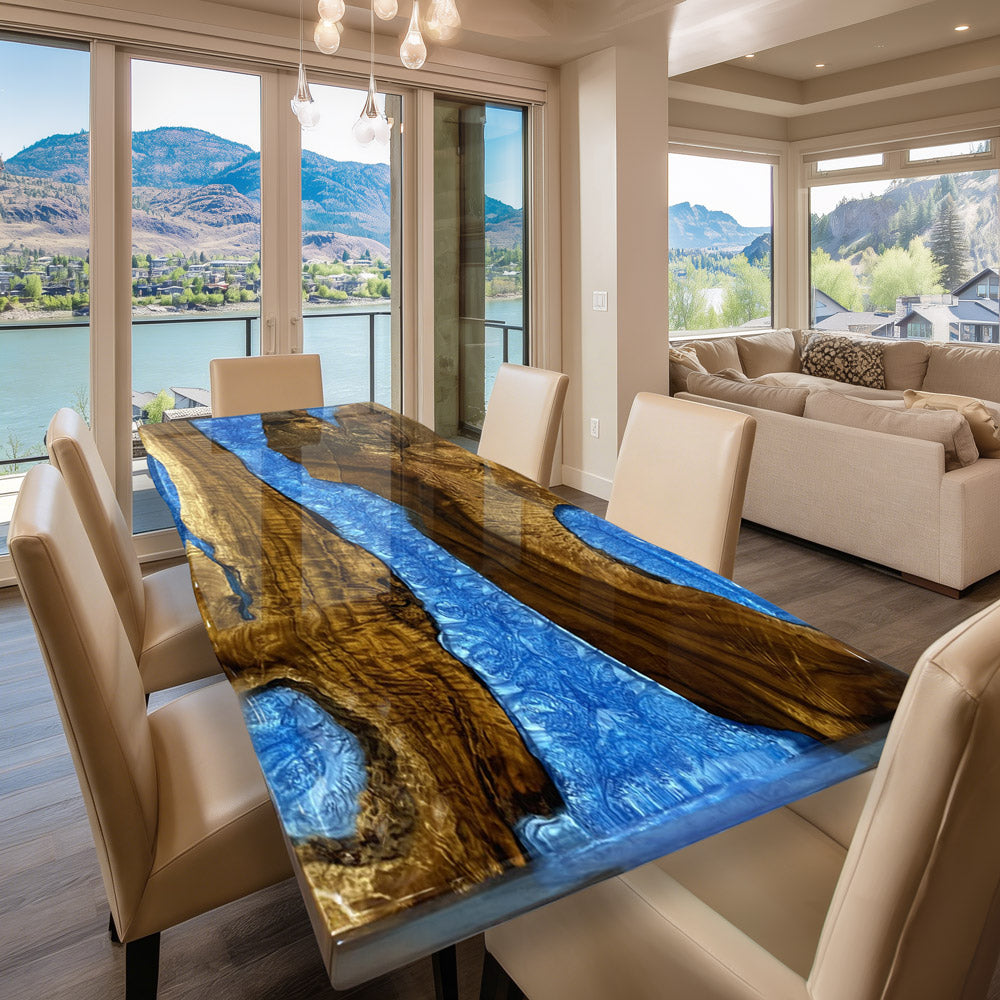 KAZANAHOME Golden Camphor Blue River Resin Dining Epoxy Table 30"W×48"L