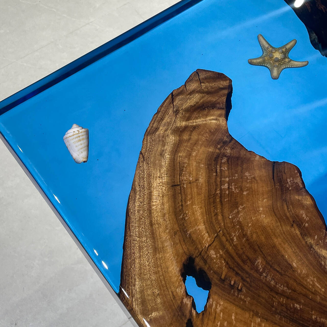 Golden Camphor Blue Clear Wave Coastal Epoxy Table