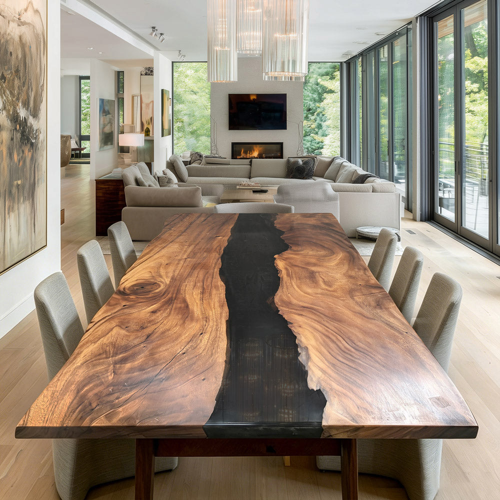KAZANAHOME Live Edge Walnut Black River Epoxy Table