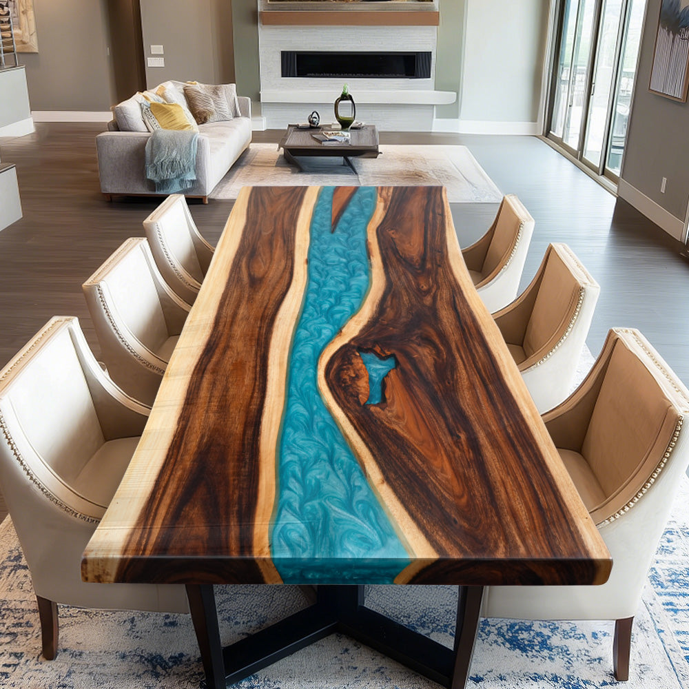 KAZANAHOME Live Edge Walnut Peacock Blue Resin River Epoxy Table 
