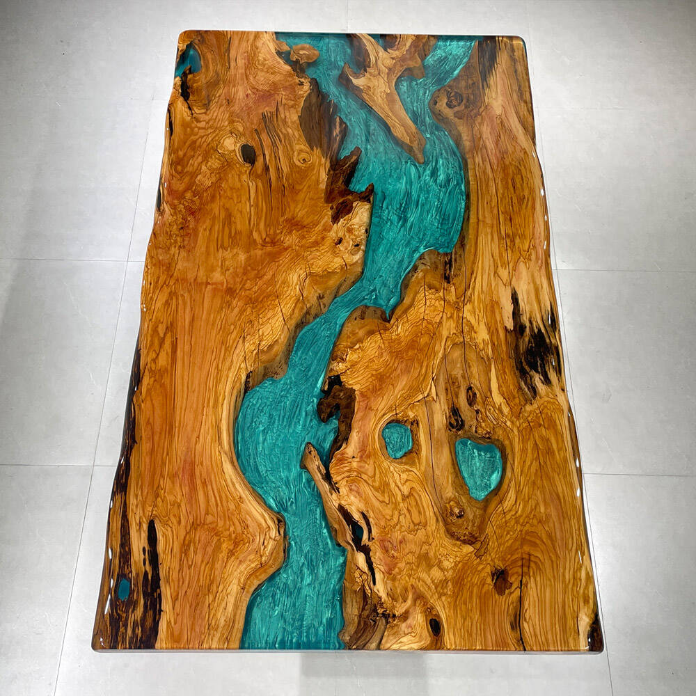 Olive Peacock Blue River Live Edge Epoxy Table 