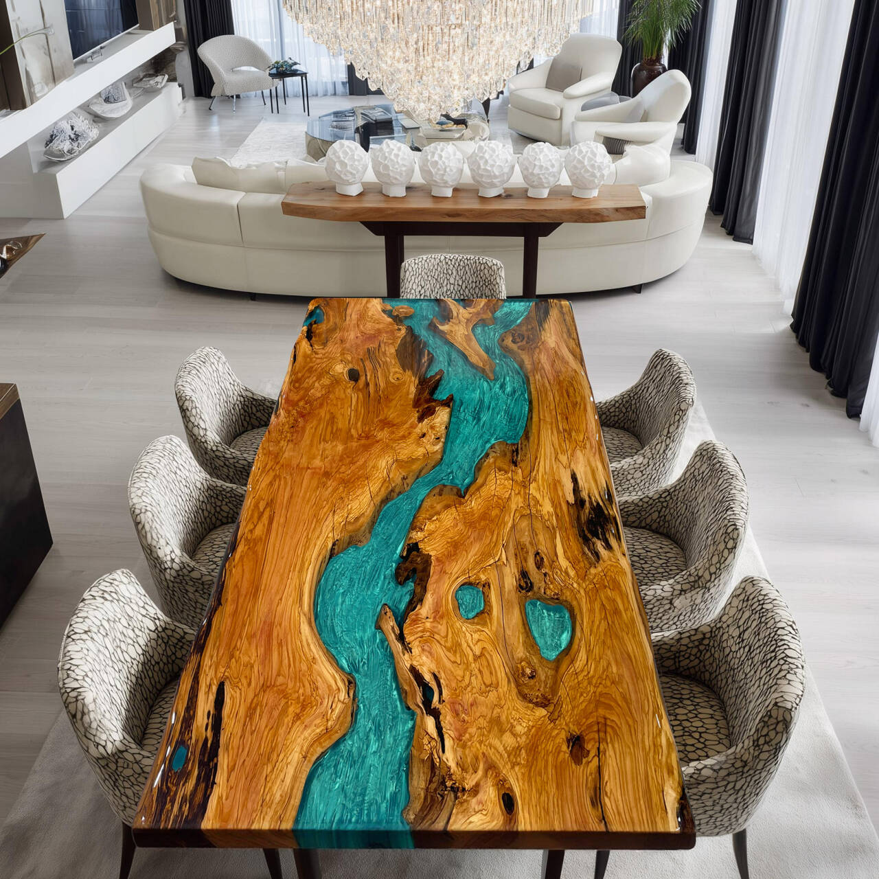 KAZANAHOME Olive Peacock Blue River Live Edge Epoxy Table