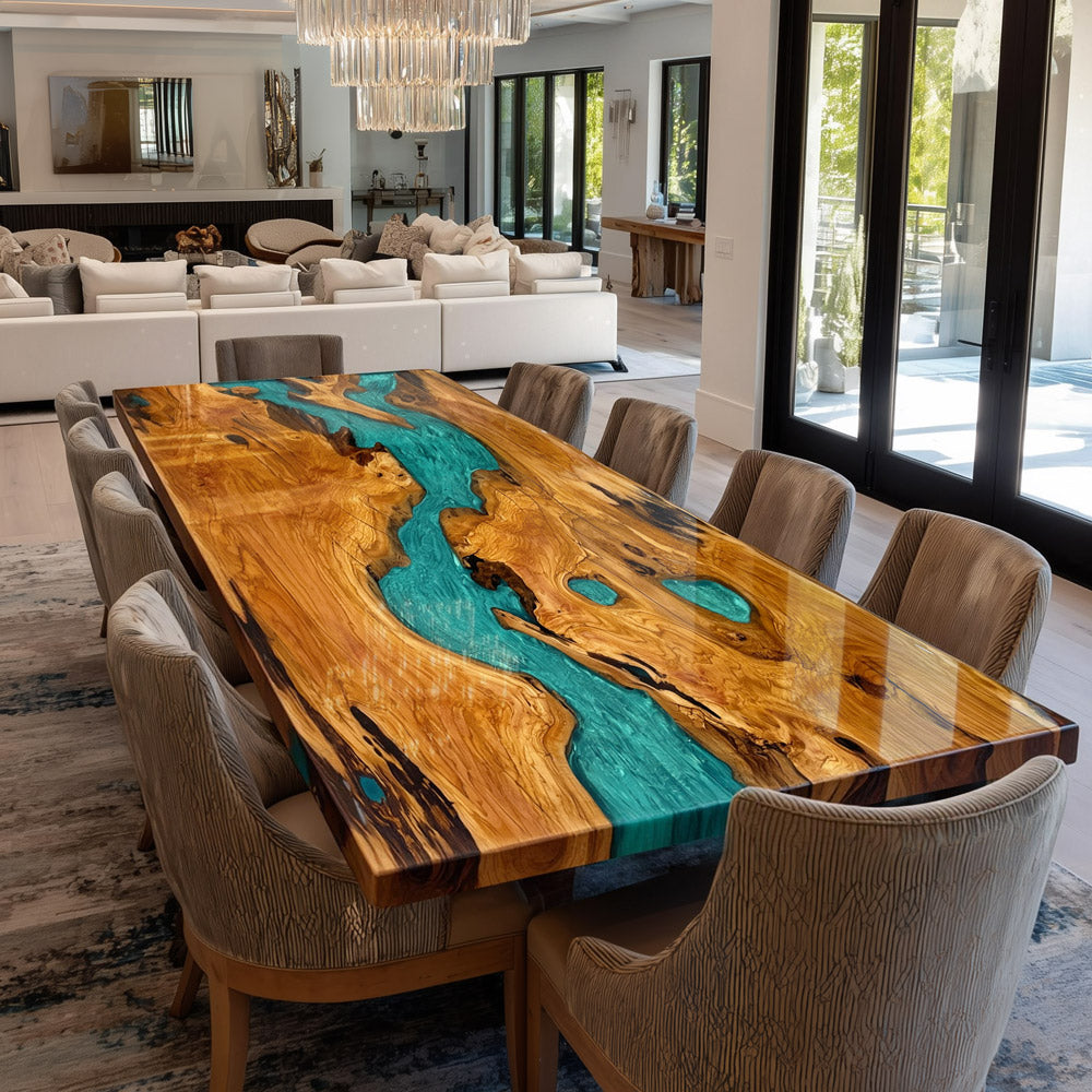 KAZANAHOME Olive Peacock Blue Live Edge Epoxy Table