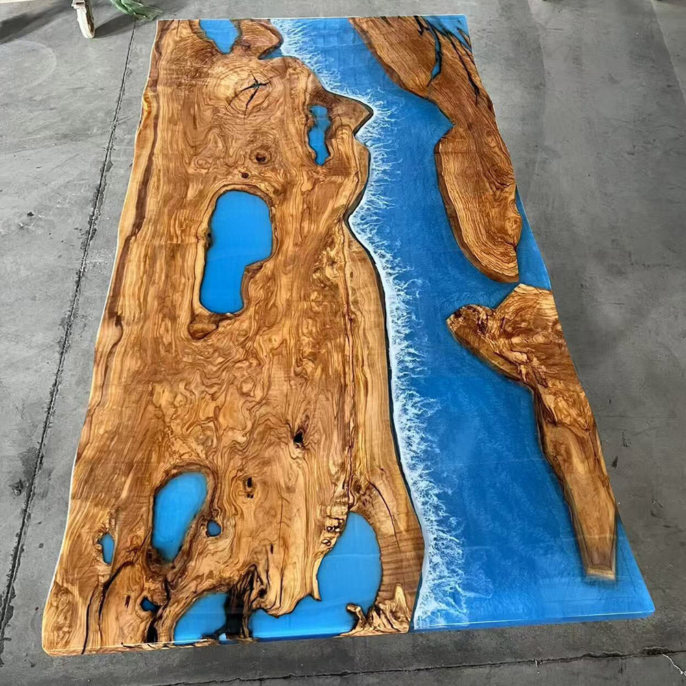 Olive Blue Wave Resin Epoxy Table in Hamptons