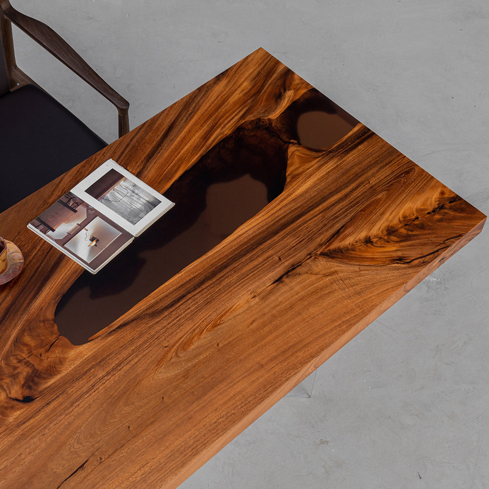 KAZANAHOME Walnut Black Transparent Straight Edge Resin Table