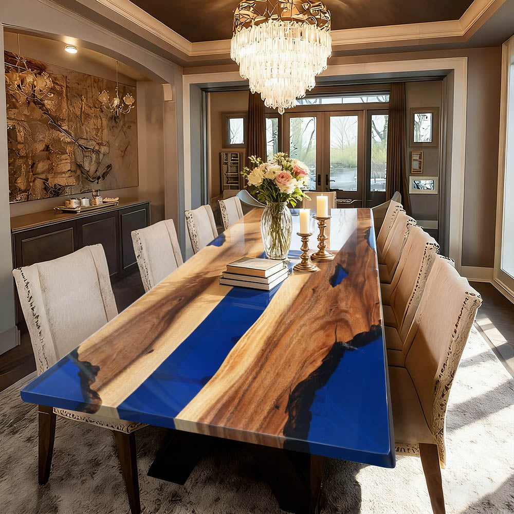KAZANAHOME Walnut Blue Resin Epoxy Table  in Brooklyn