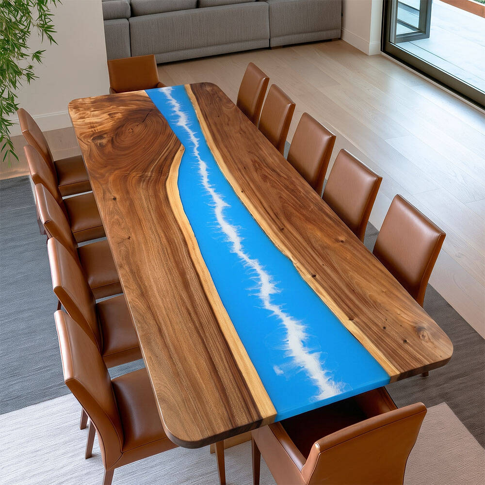 Walnut Opaque Blue White-Strip River Epoxy Table 48"W×108"L