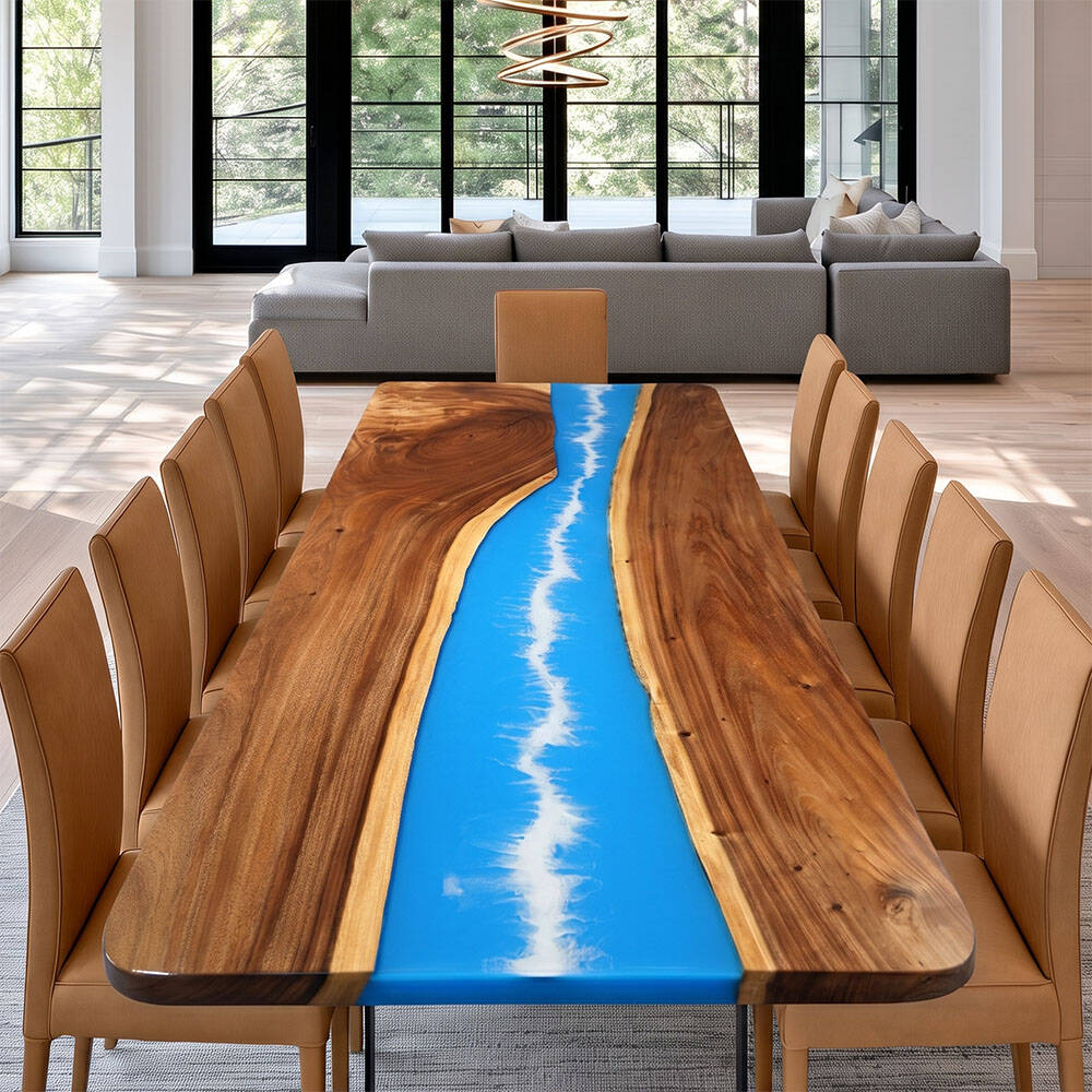 KAZANAHOME Walnut Blue White-Strip River Epoxy Table