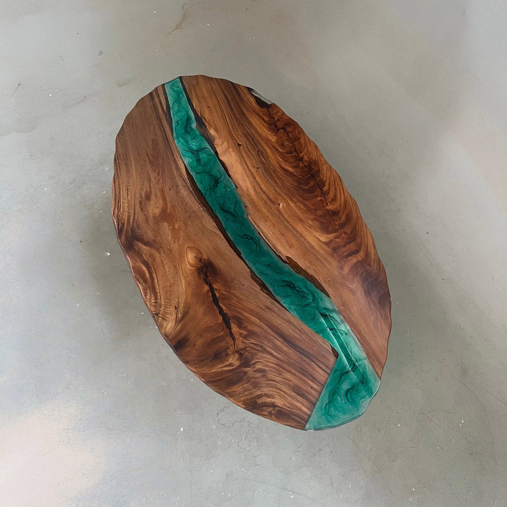 Walnut & Emerald Green Oval Epoxy Table 42"W×72"L