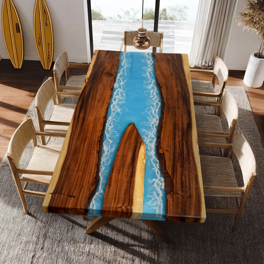 KAZANAHOME Walnut Seablue Wave River Resin Epoxy Table