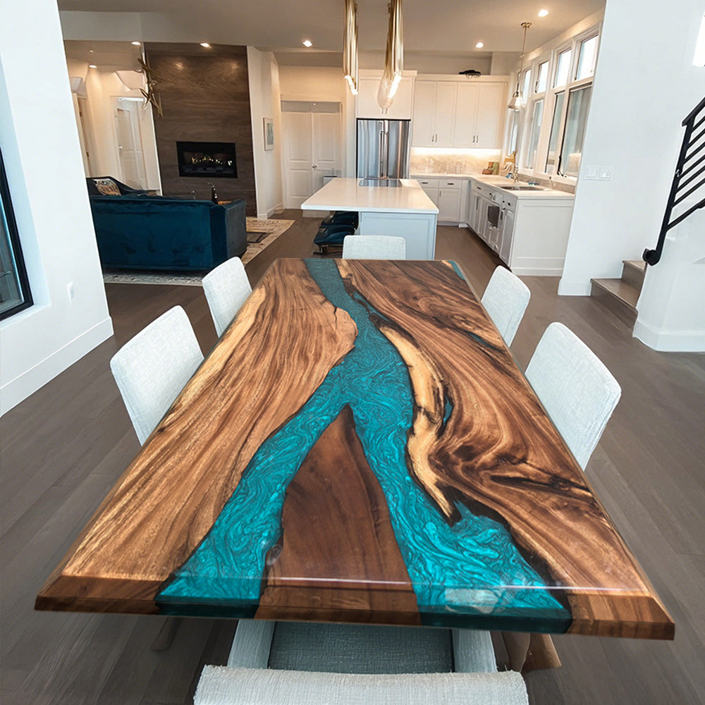 KAZANAHOME Walnut Wood Peacock Blue River Epoxy Table in Los Angeles