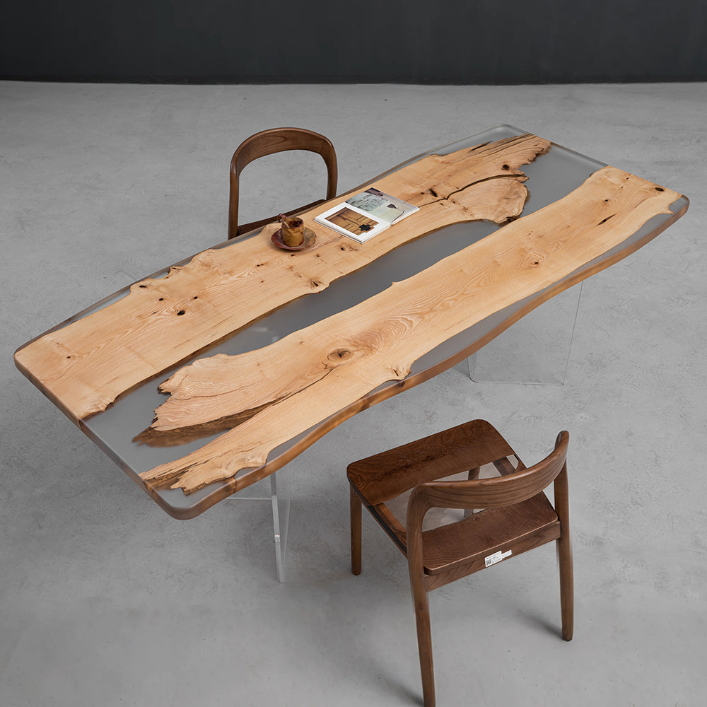 KAZANA Ash Wood Live Edge Clear Epoxy Resin Table