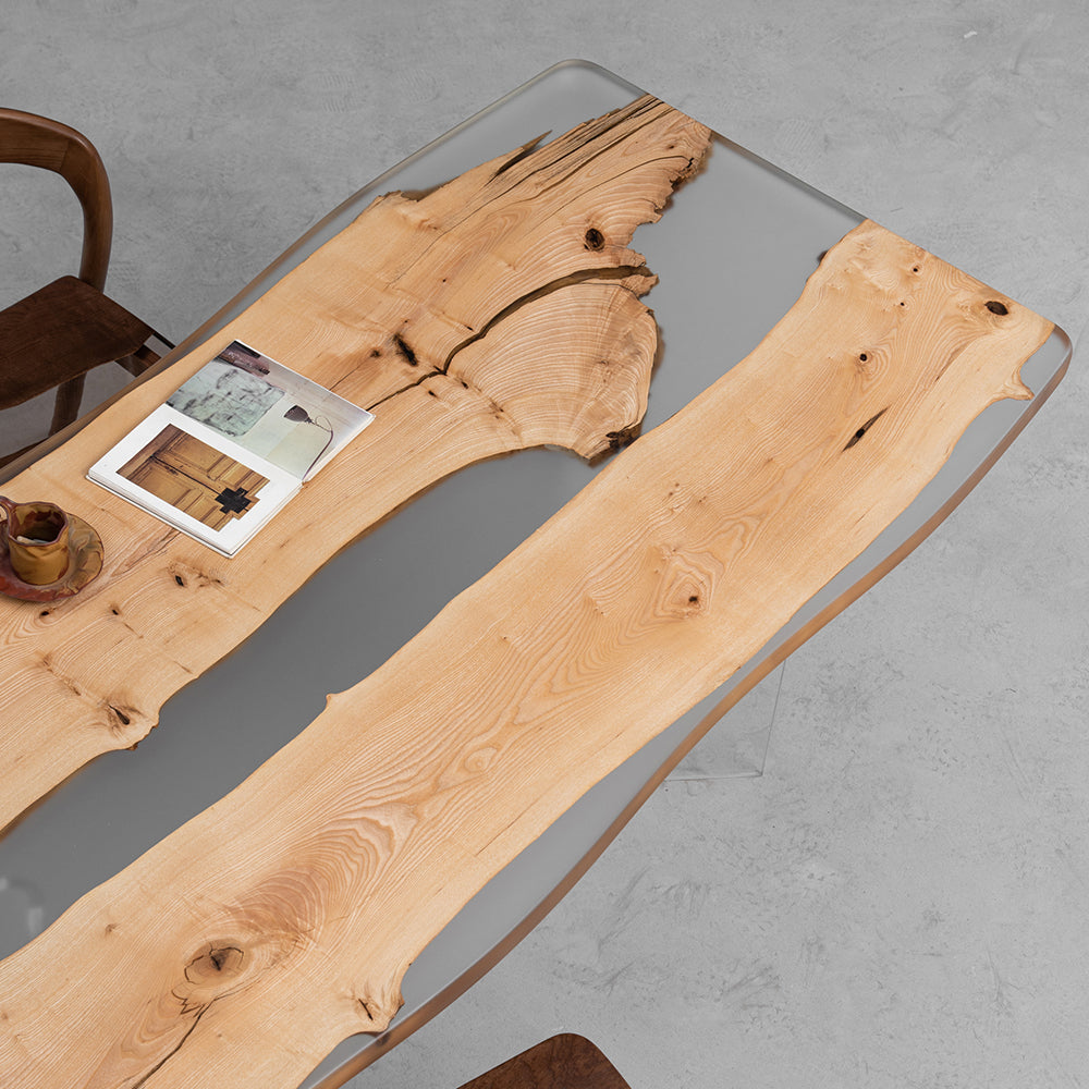 KAZANA Ash Wood Live Edge Clear Epoxy Resin Table