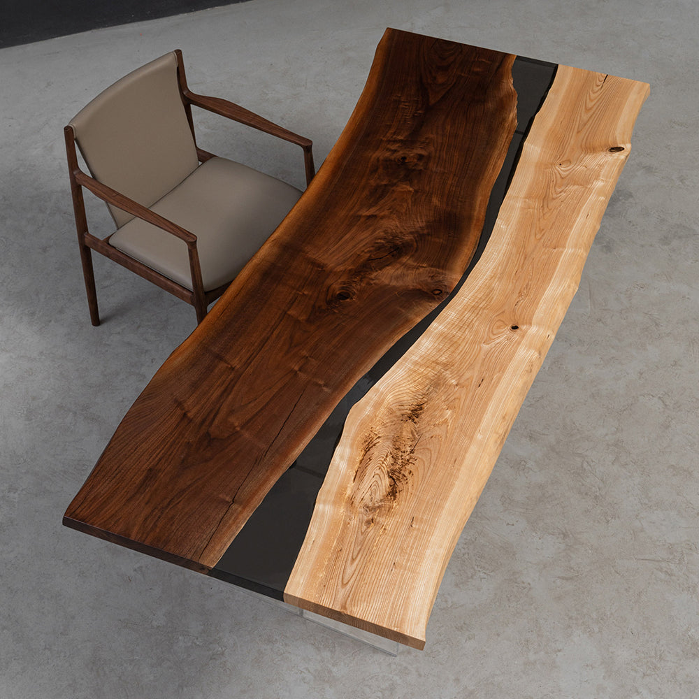 KAZANA Black Walnut & Ash Wood Double-Layer Slab Live Edge Resin Epoxy Table 