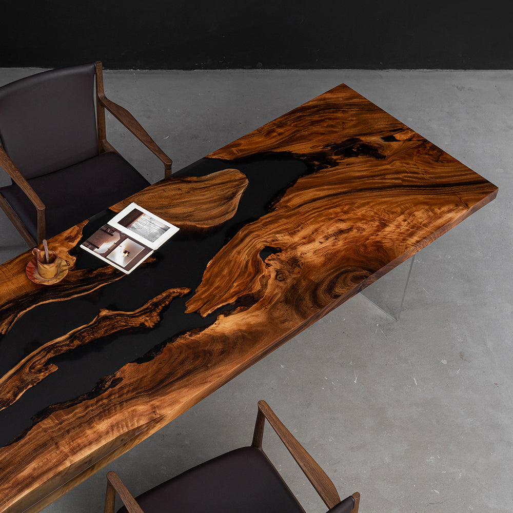 KAZANA Walnut Wood Black Epoxy Resin Slab Table