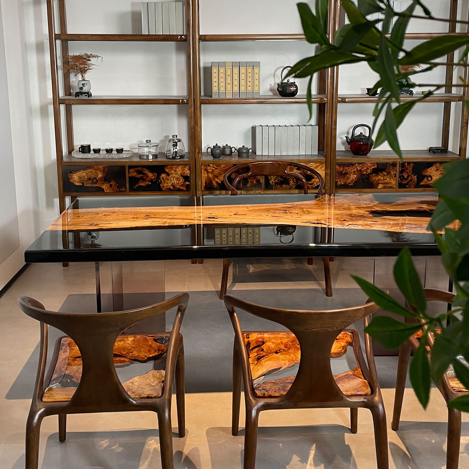 Golden Camphor Wood Table with Black Epoxy - Kazanahome