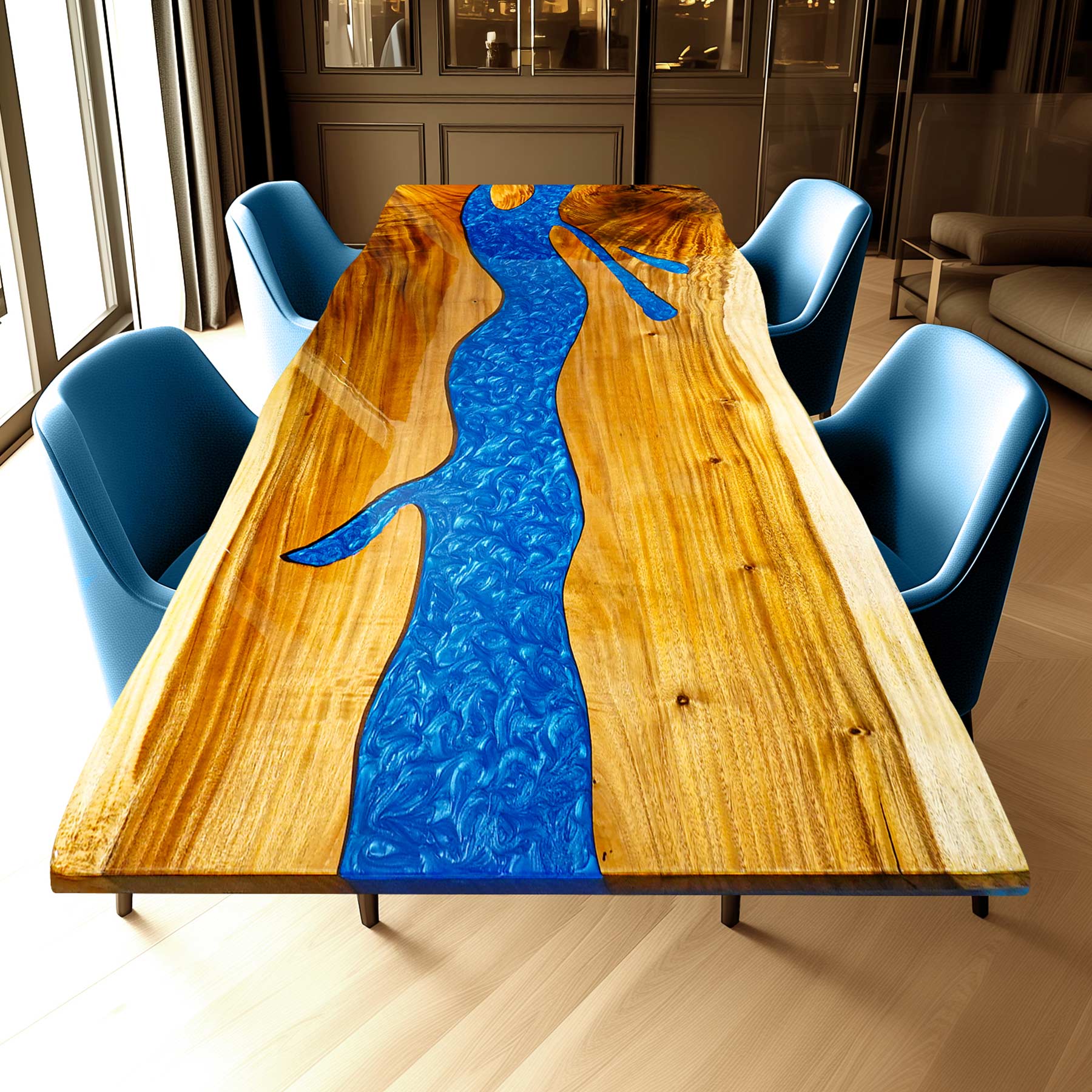 Kazanahome Walnut Wood Blue Epoxy River Table Live Edge