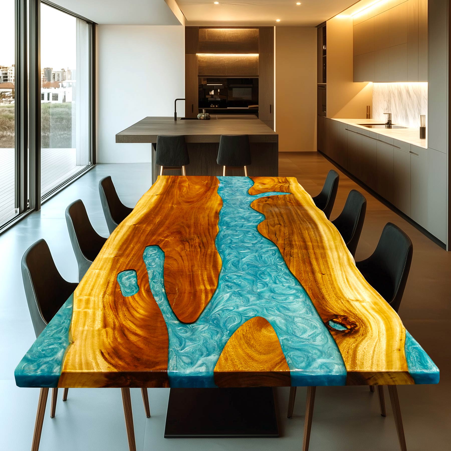 Kazanahome Walnut Wood Peacock Blue Epoxy River Table