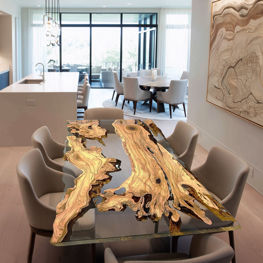 Custom Live Edge Olive Epoxy Table for Luxury Fine Dining KCT116 in LA