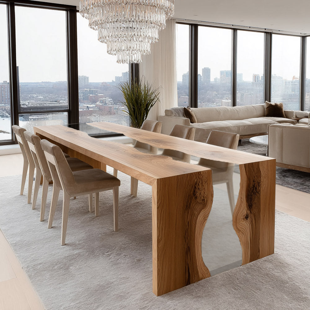 Luminous Olive Wood Waterfall Clear River Epoxy Table for Contemporary Living Areas in San Francisco