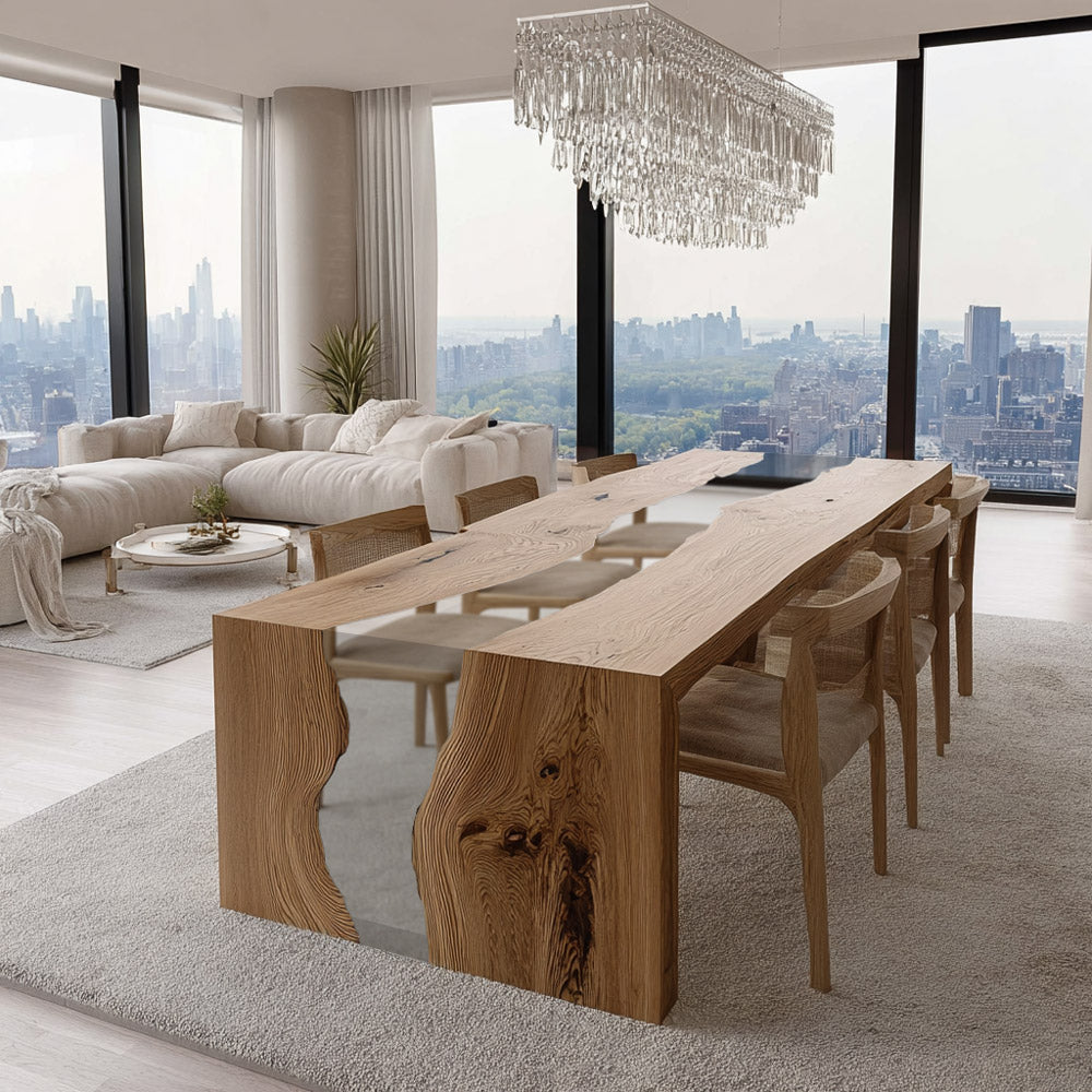 Olive Wood Waterfall Clear River Epoxy Table in San Francisco