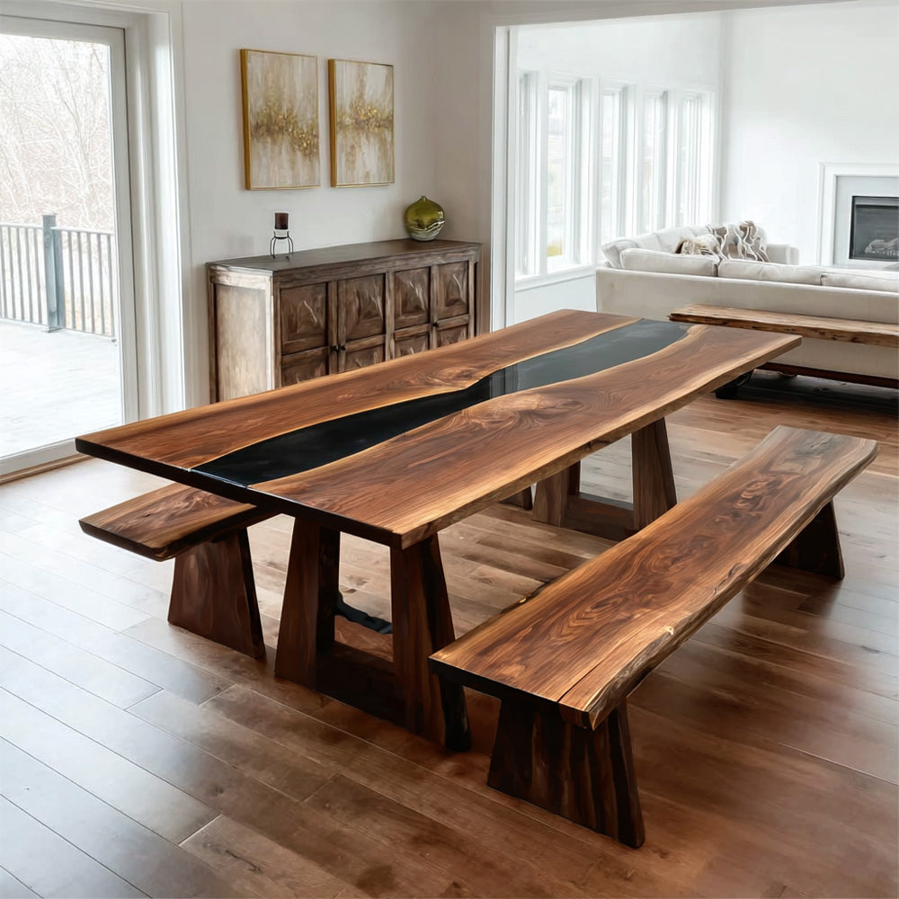 Luxury Black Walnut Collective Dining Set - Deep Black Epoxy Table & Solid Wood Benches in Austin