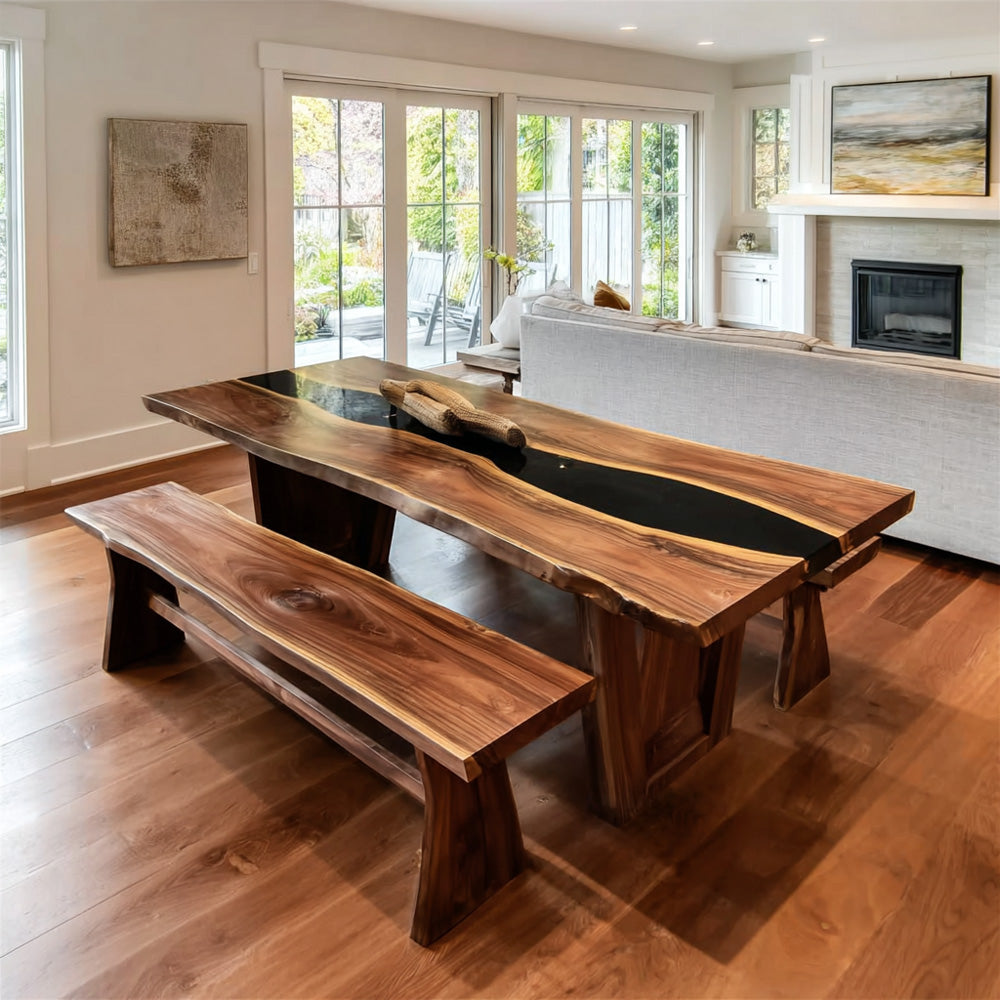 Luxury Black Walnut Collective Dining Set Epoxy Table & Solid Wood Benches in Austin 