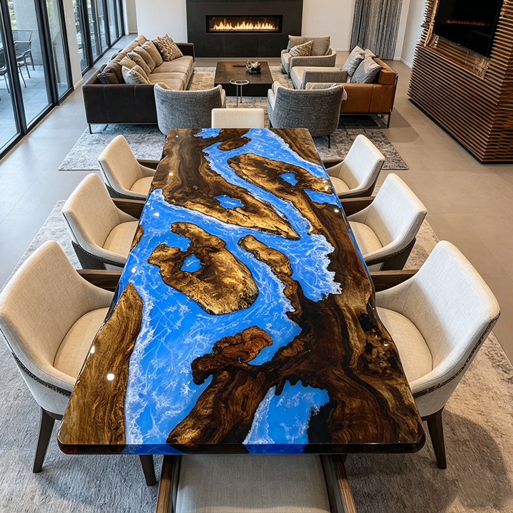 Luxury Golden Camphor Dynamic Ocean Wave Epoxy Table Hand-Poured Coastal Art for Modern Homes in Denver 