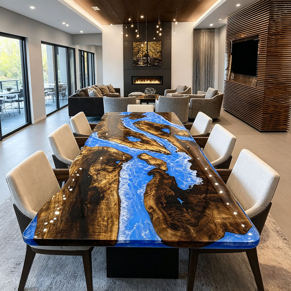 Luxury Golden Camphor Dynamic Ocean Wave Epoxy Table in Denver 