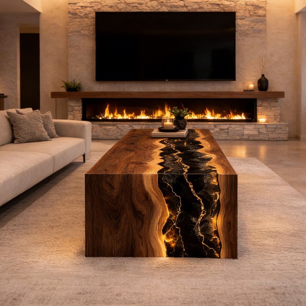 Waterfall Black Walnut Epoxy River Table for High-End Residential in New York